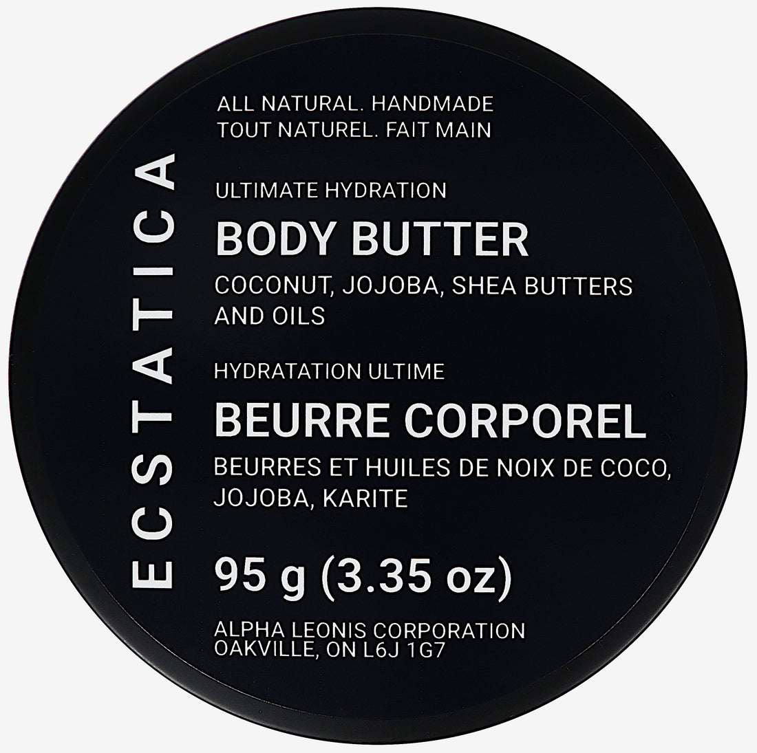 ECSTATICA Canadian All-Natural Handmade Local Ultimate Hydration Body Butter - Coconut Oil, Jojoba Oil, Shea Butter 95 g (3.35 oz) Top Lid