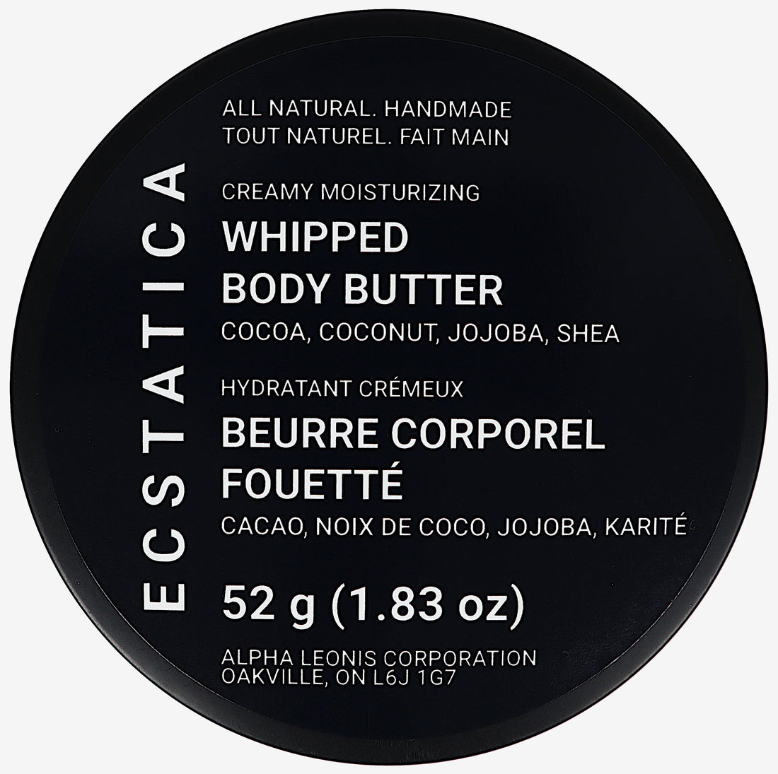 Ecstatica Canadian All-Natural Handmade Local Creamy Maximum Delicacy Whipped Body Butter Cocoa Butter, Coconut Oil, Jojoba Oil, Shea Butter 52 g (1.83 oz) Top Lid