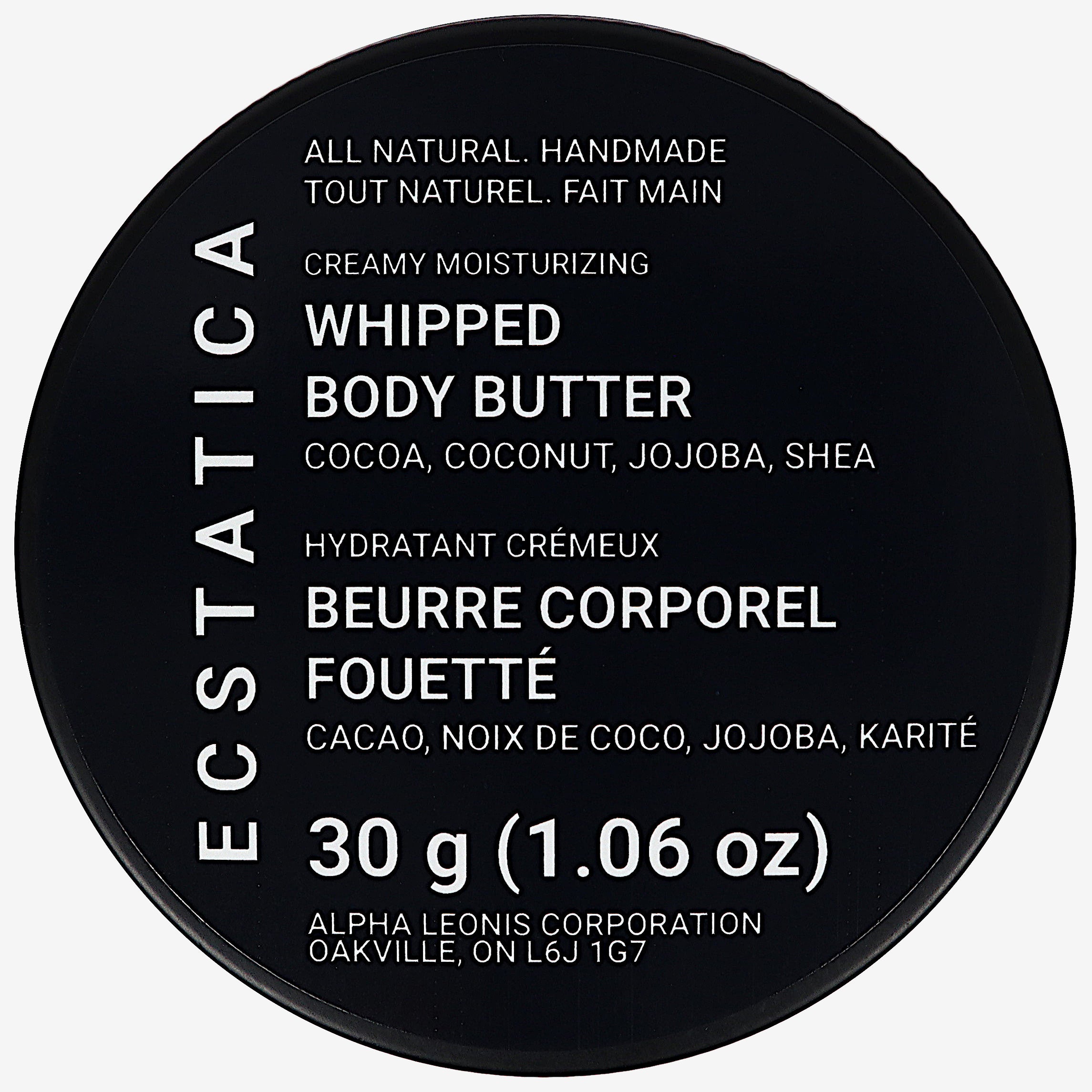 Ecstatica Canadian All-Natural Handmade Local Creamy Maximum Delicacy Whipped Body Butter Cocoa Butter, Coconut Oil, Jojoba Oil, Shea Butter 30 g (1.06 oz) Top Lid